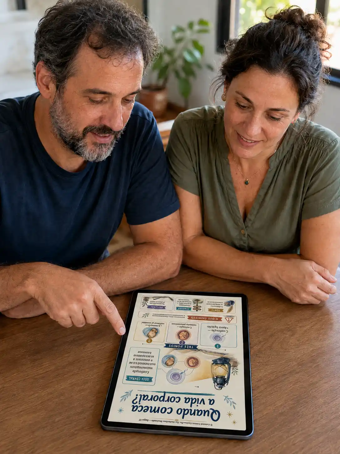 Casal estudando um mapa ilustrado no tablet