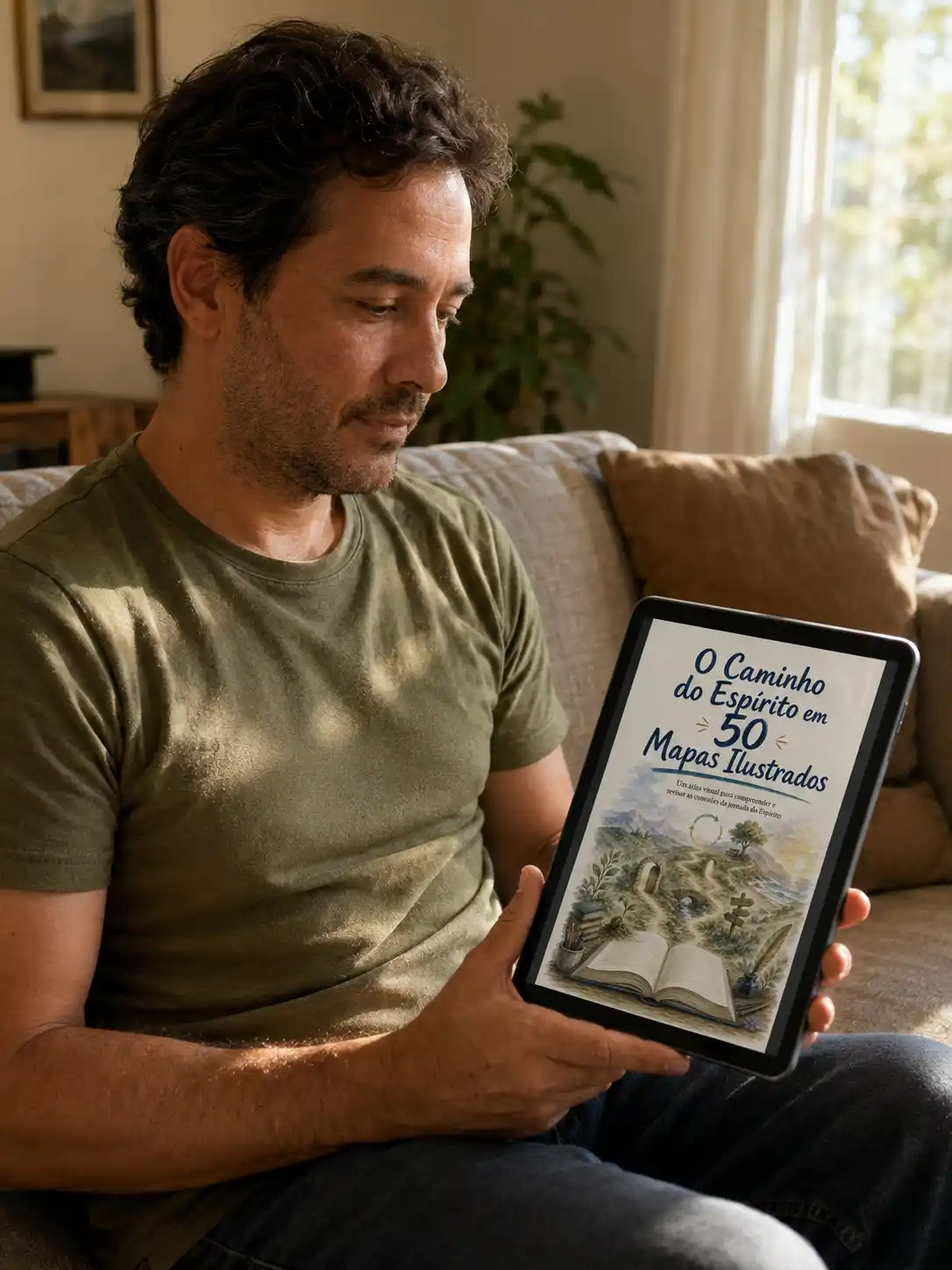 Homem visualizando a capa do material no tablet