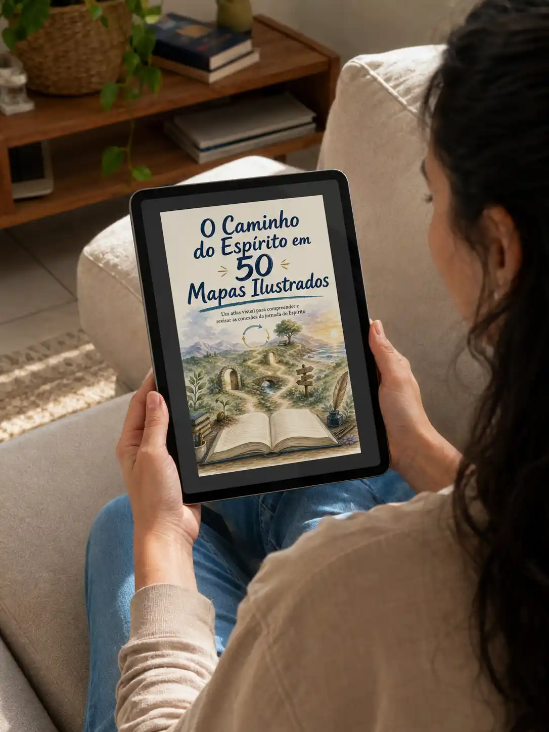 Mulher visualizando a capa do material no tablet